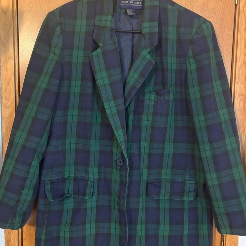Herman Geist Vintage Green and Navy Plaid Women's Blazer-12